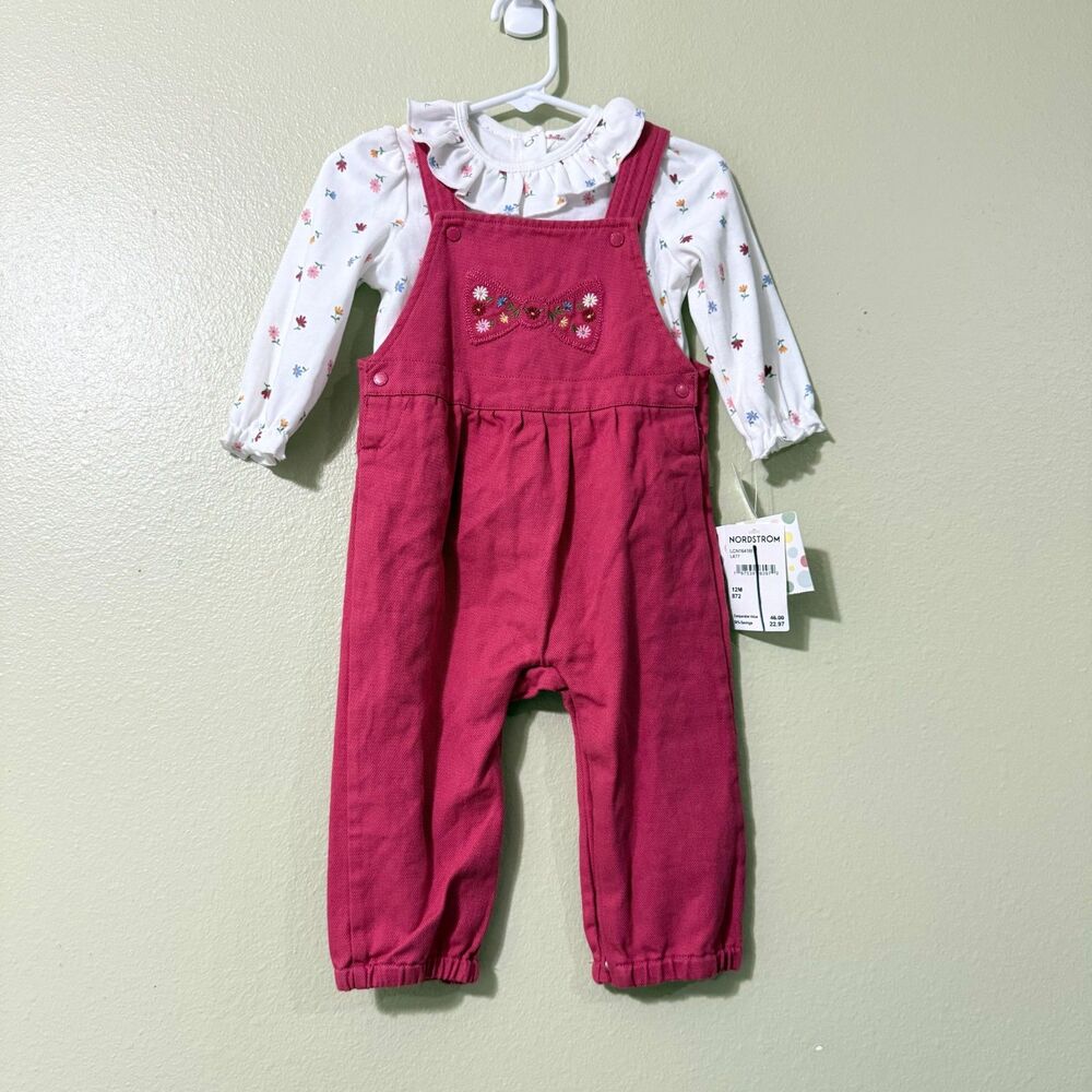 Little Me Floral Top & Pink Embroidered Overalls Set Baby Girls 12M NWT